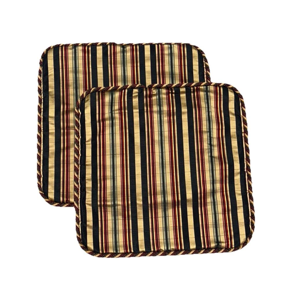 Custom Made Pair Silk Shams Pillow Covers Rope Trim Stripe Zip Luxury Gold Black